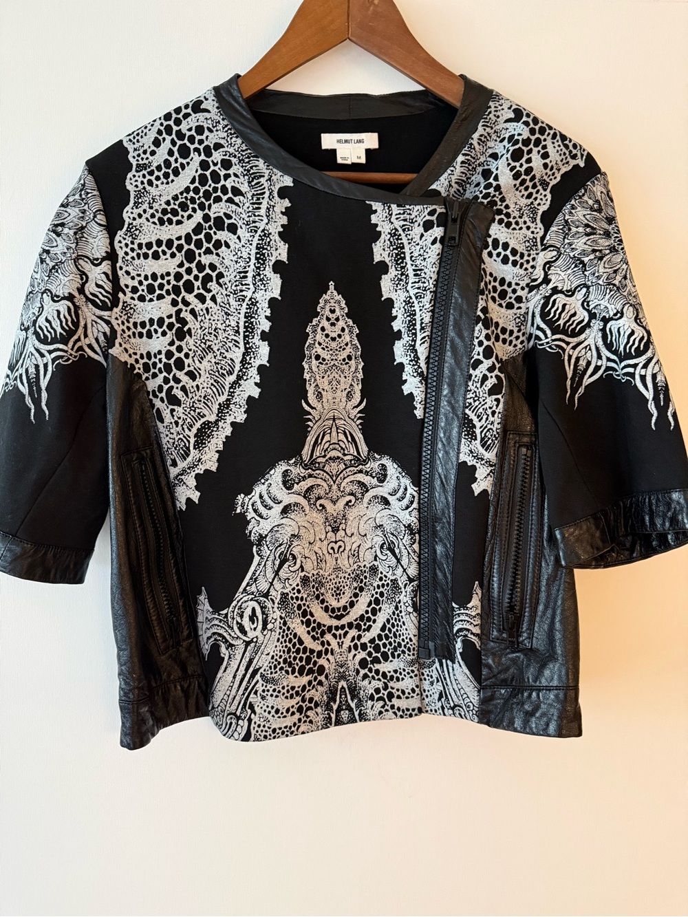 Helmut Lang Black and White Printed Short Sleeve Top with Leather Trim Size M